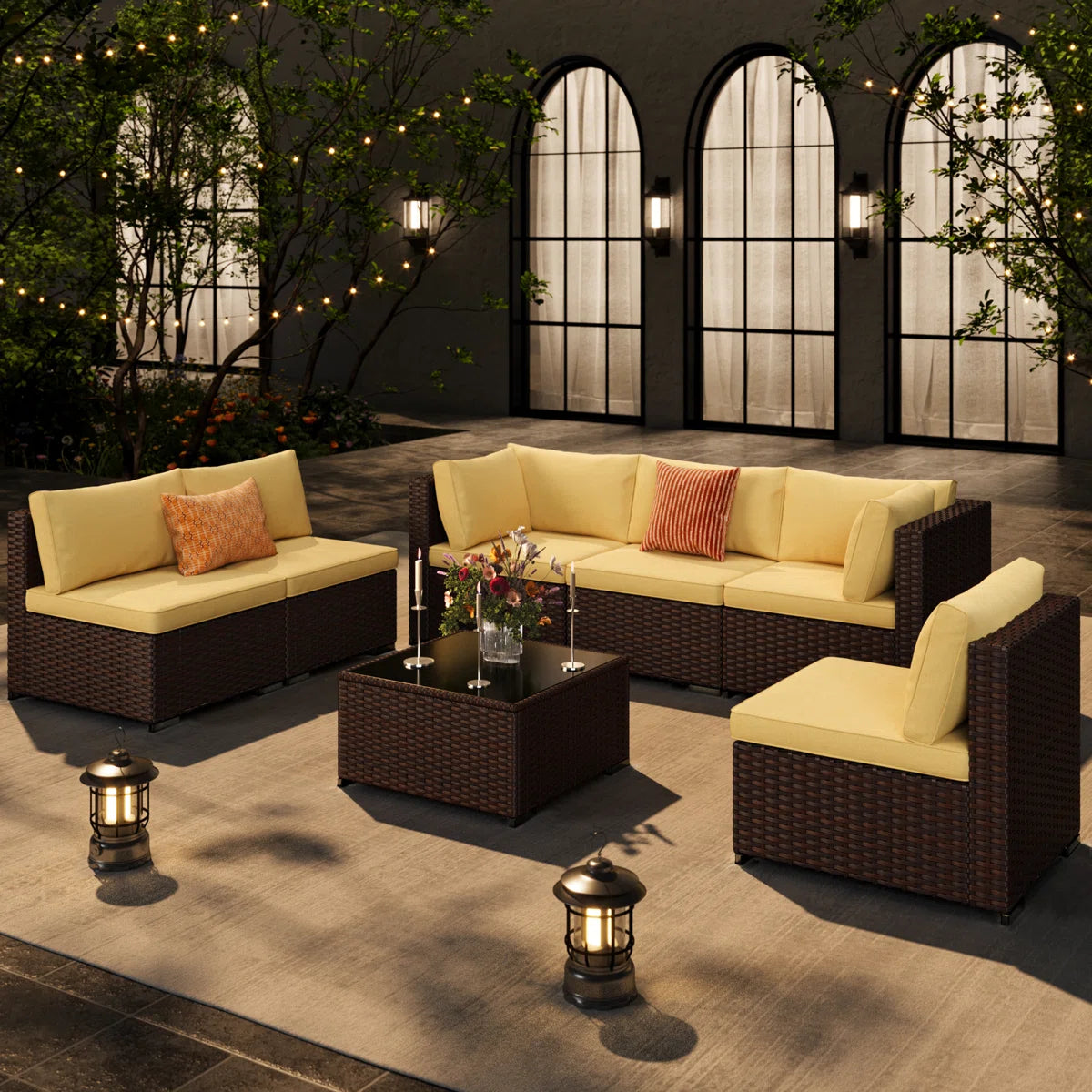 Calvera 7-Piece Rattan Sectional Seating Group with Cushions